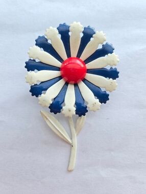 Vintage Mid Century Metal Enamel Flower Brooch w/ Stem Red White & Blue